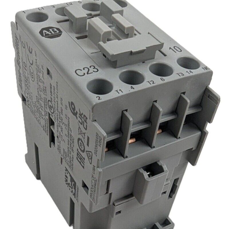 Allen-Bradley 100-C23EJ10 Contactor. Gray plastic enclosure, top view showing terminals and C23 marking.