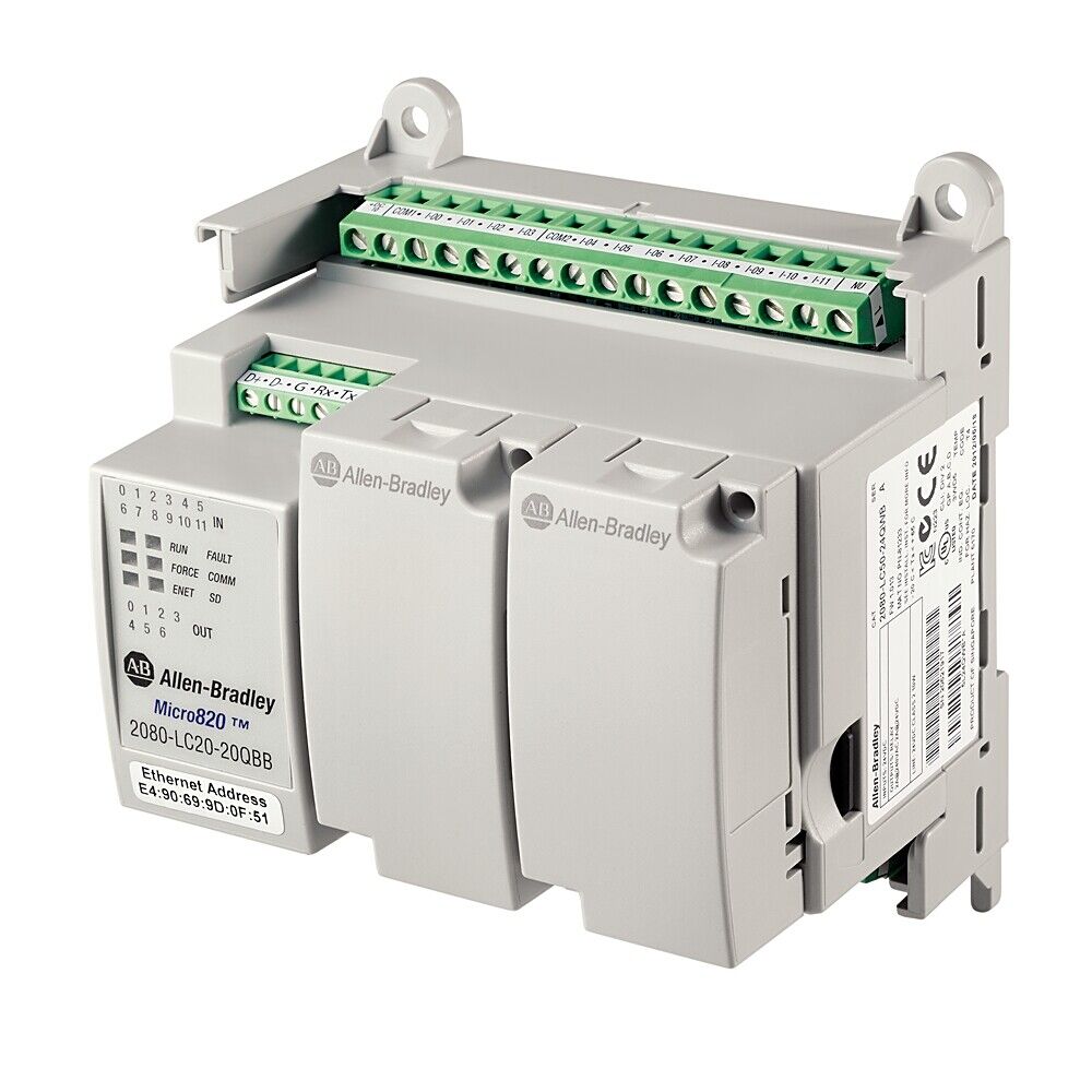 Allen-Bradley Micro820 2080-LC20-20QWB PLC Controller, Ethernet enabled, compact design for industrial automation.
