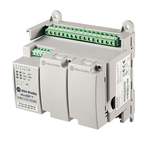 Allen-Bradley Micro820 2080-LC20-20QWB PLC Controller, Ethernet enabled, compact design for industrial automation.