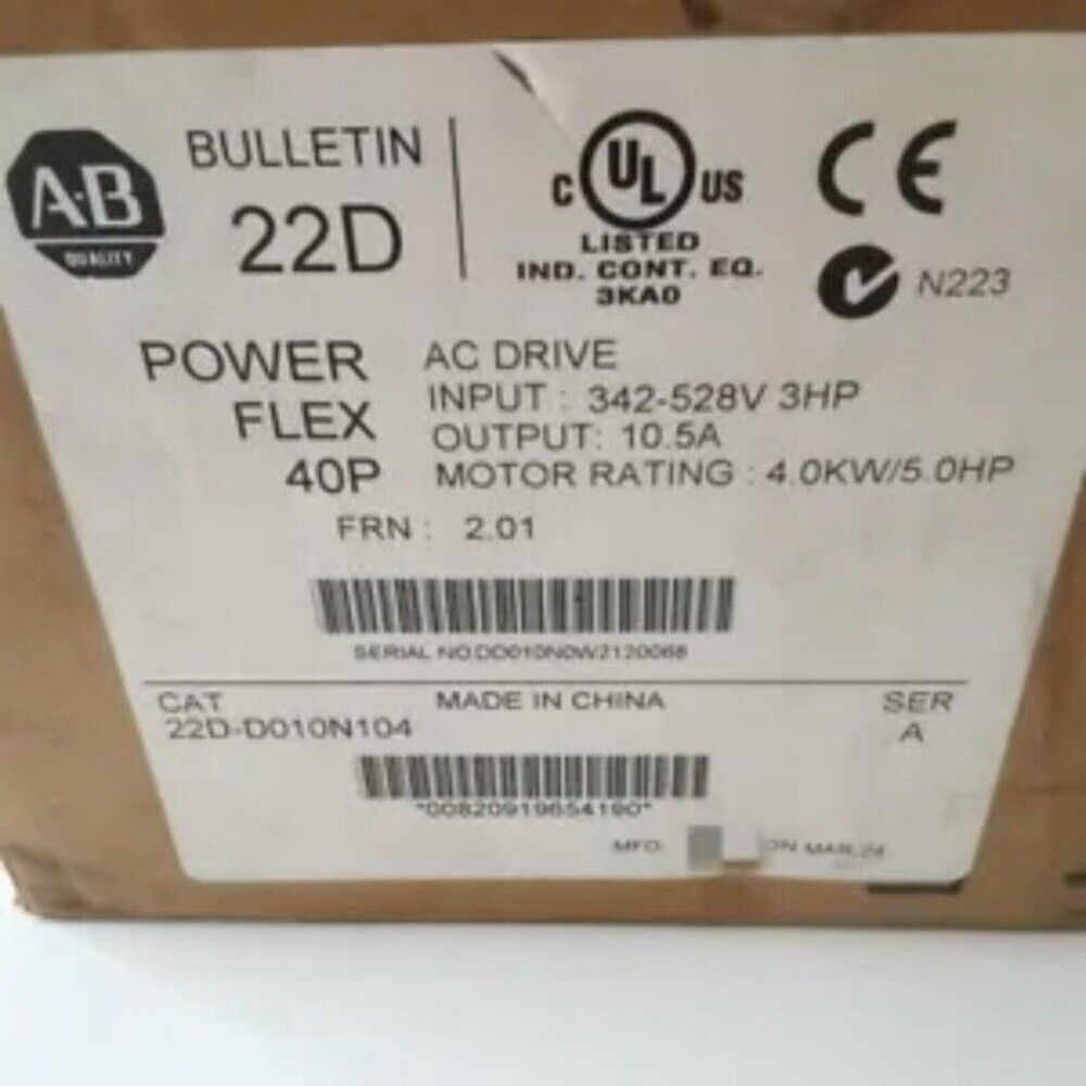 Allen-Bradley PowerFlex 40P AC Drive product label, model 22D-D010N104, made in China.