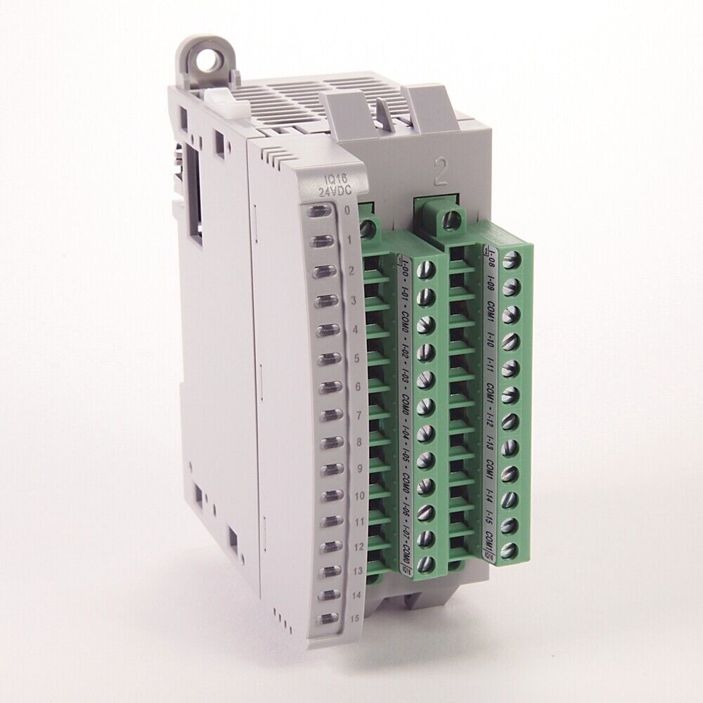 Allen-Bradley 2085-IQ16 Micro850 Expansion Module, 16-point digital input, gray and green color.