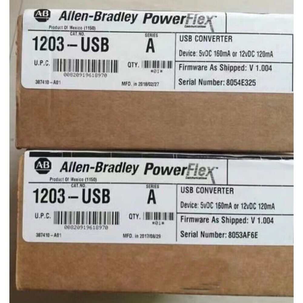 Allen-Bradley 1203-USB PowerFlex converter boxes with product details and serial numbers for automation.