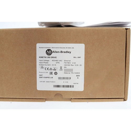 Allen-Bradley Kinetix 350 servo drive package label, EtherNet/IP, 2097-V34PR3-LM model, industrial automation part.