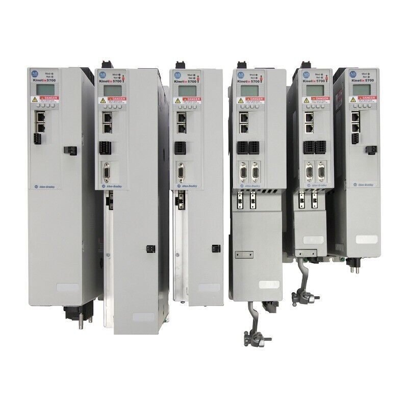 Allen-Bradley Kinetix 5700 servo drives, industrial automation components with Ethernet ports and safety features.