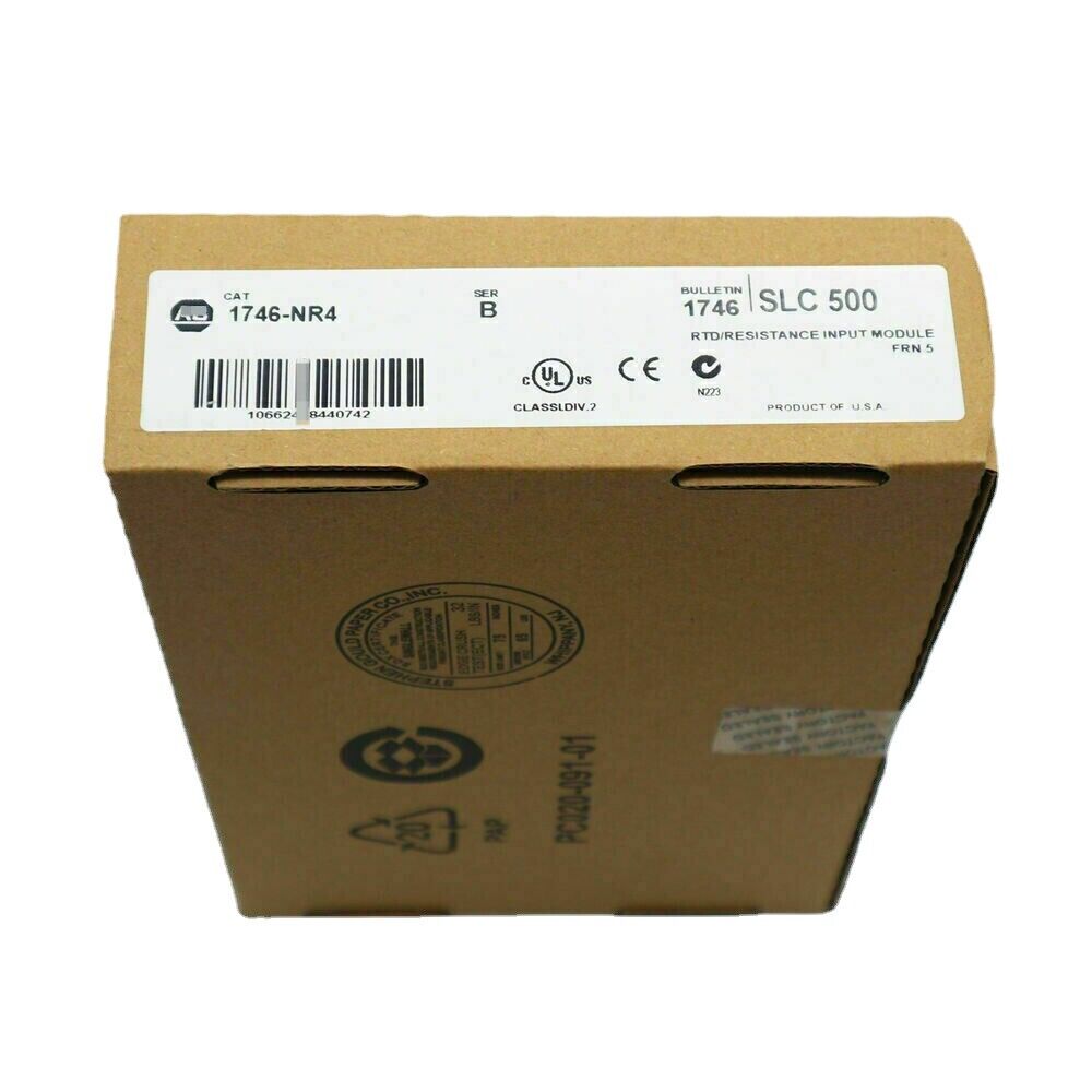 Allen-Bradley 1746-NR4 RTD Input Module box. Includes SLC 500 series, UL, CE certifications, and product information.