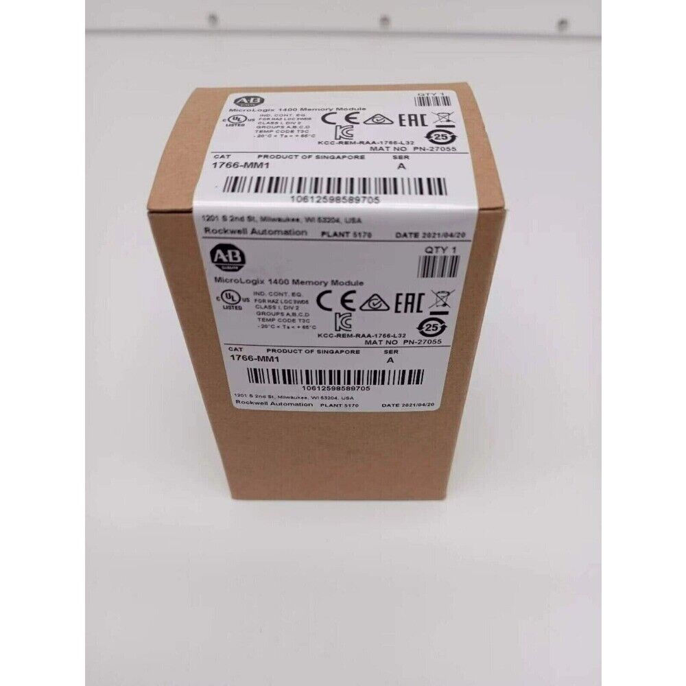 Allen-Bradley MicroLogix 1400 Memory Module 1766-MM1, product box with labels and specifications.