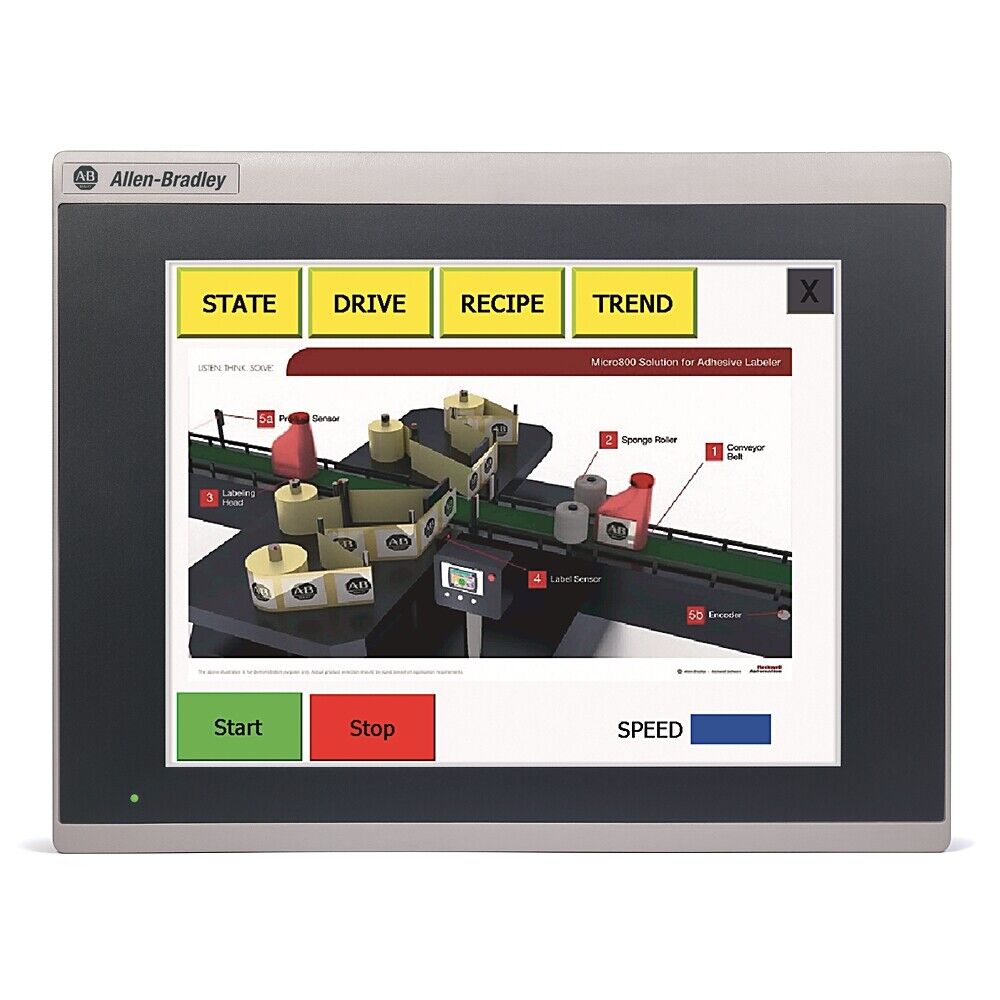 PanelView 800 HMI Terminal displaying industrial automation process diagram, featuring Allen-Bradley logo.