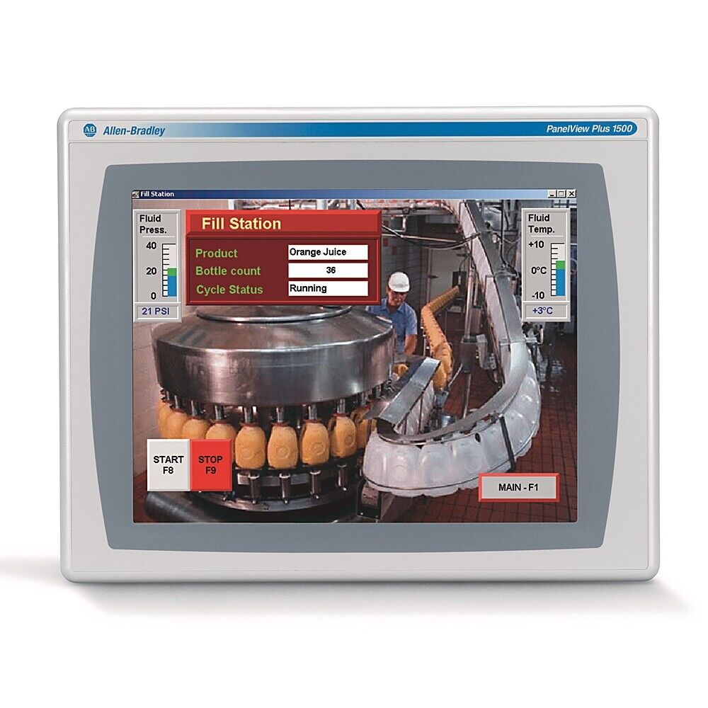 Allen-Bradley PanelView Plus 1500 display showing fill station with orange juice, PLC automation