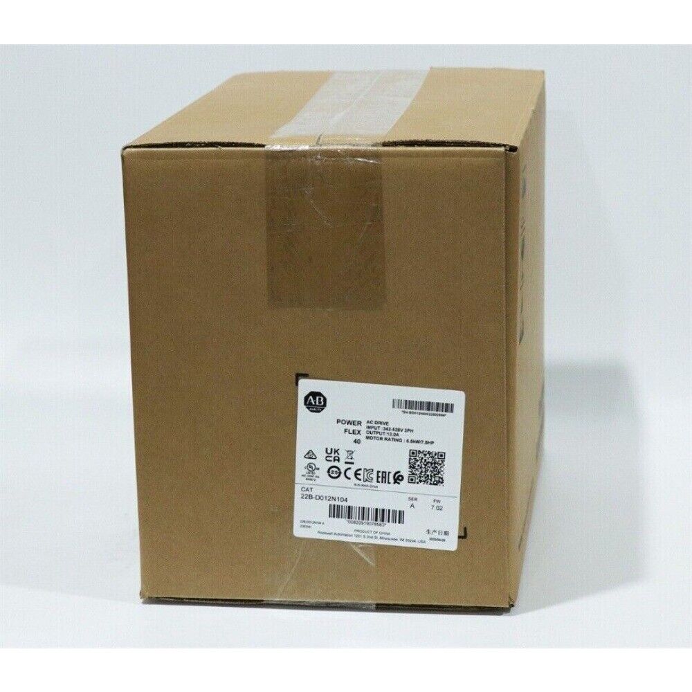 Allen-Bradley PowerFlex 40 AC Drive shipping box, 22B-D012N104 model, product label visible, industrial automation part.
