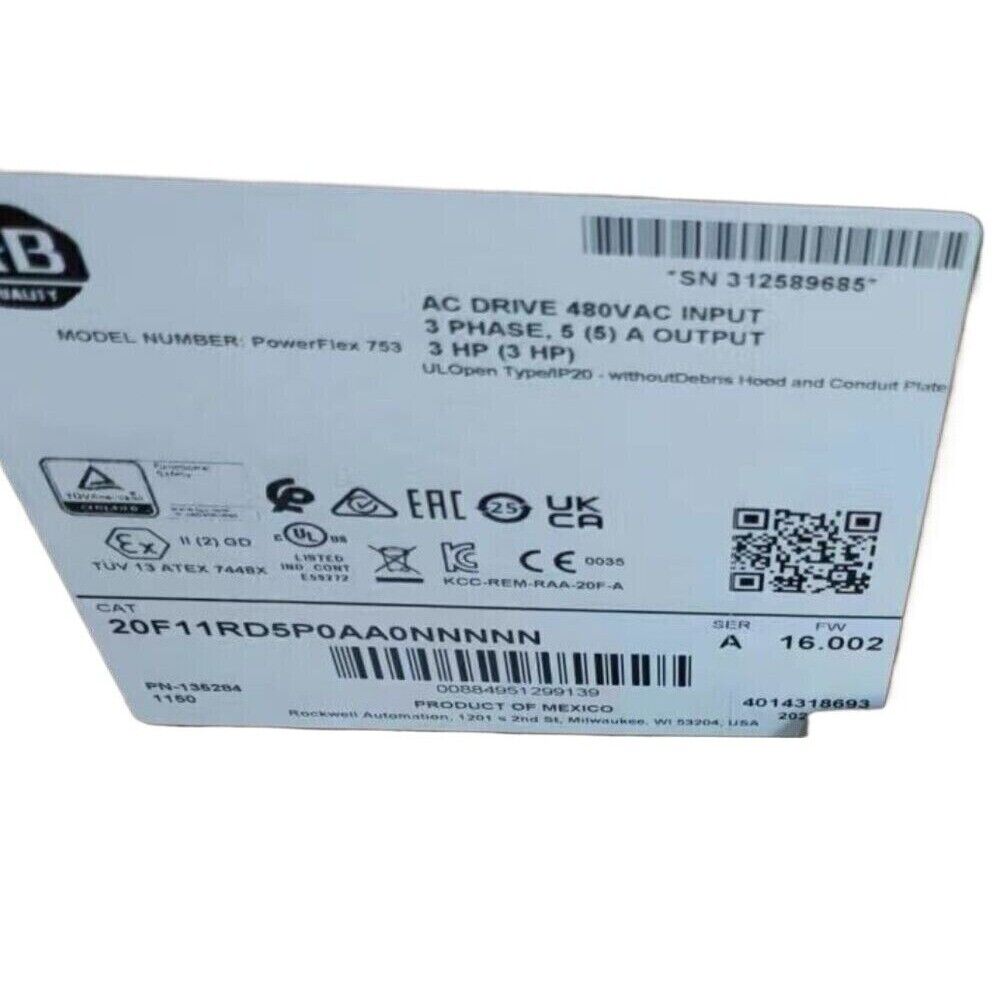 Allen-Bradley PowerFlex 753 AC Drive, 20F11RD5P0AA0NNNNN, 480VAC Input, 3 Phase, 5(5)A Output, 3 HP