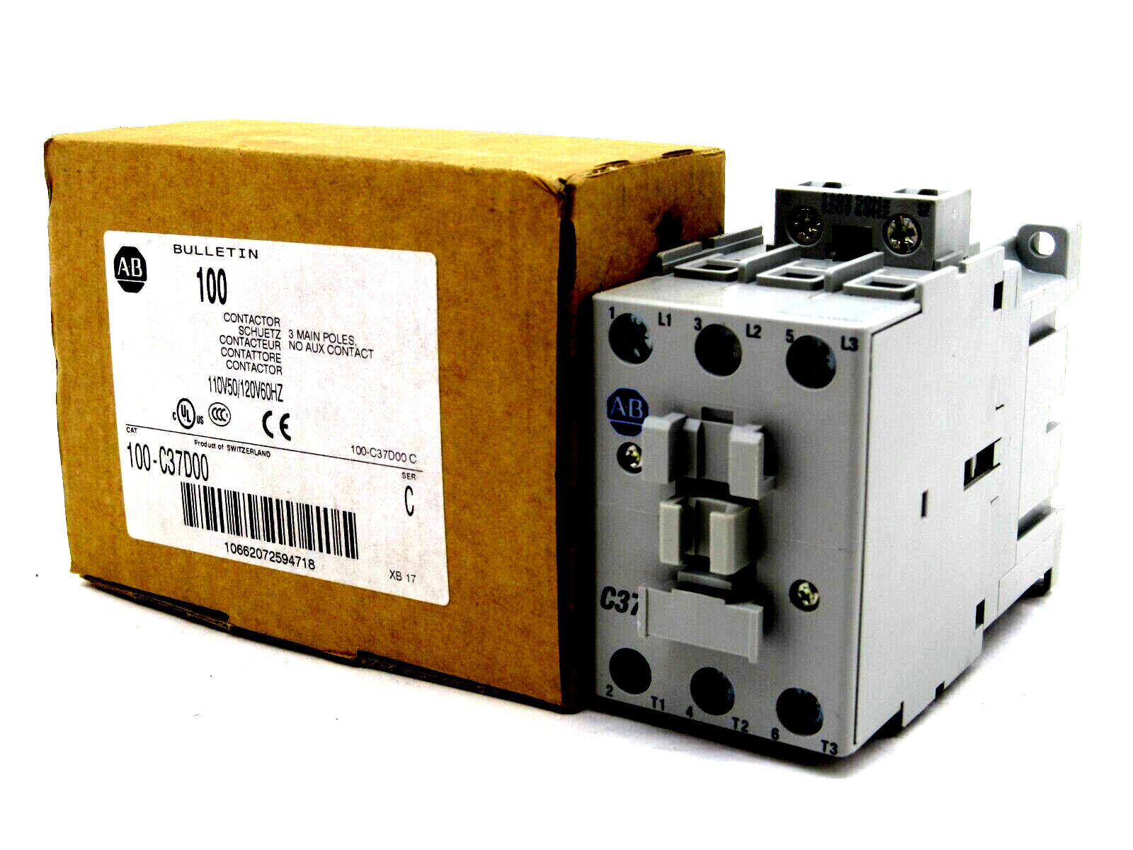 Allen-Bradley 100-C37D00 Contactor, 3-pole design, 37A, with screw terminals, for industrial applications.