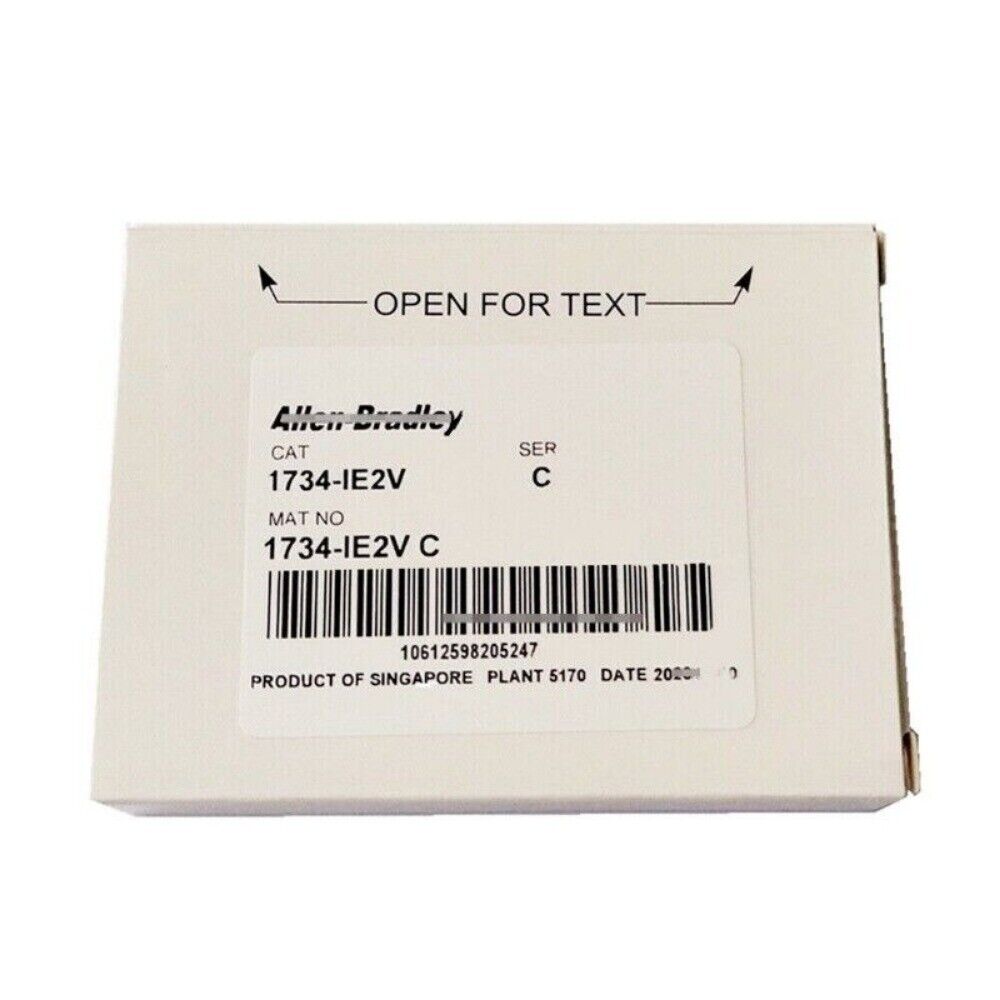 Allen-Bradley 1734-IE2V product box. Includes module model, part number, and barcode.