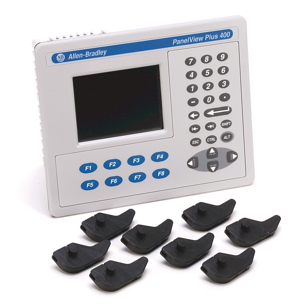 Allen-Bradley PanelView Plus 400 Touchscreen with keypad and black rubber accessories