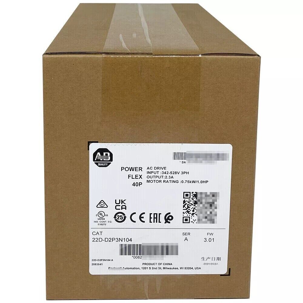 Allen-Bradley PowerFlex 40P AC Drive in box, 22D-D2P3N104, 0.75kW/1.0HP, for industrial automation.