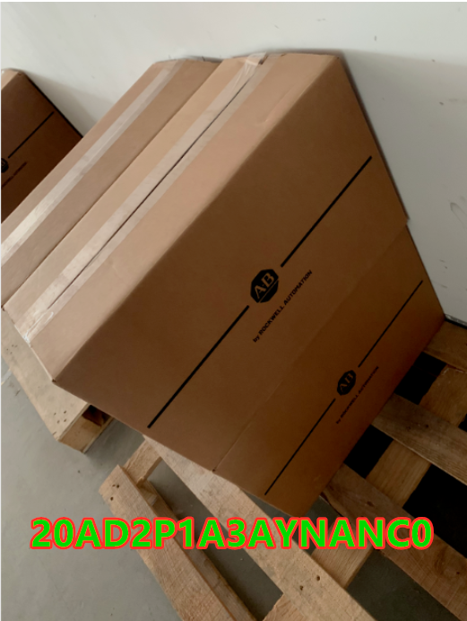 Allen-Bradley PowerFlex 70 AC Drive in cardboard boxes on a pallet, model 20AD2P1A3AYNANC0.