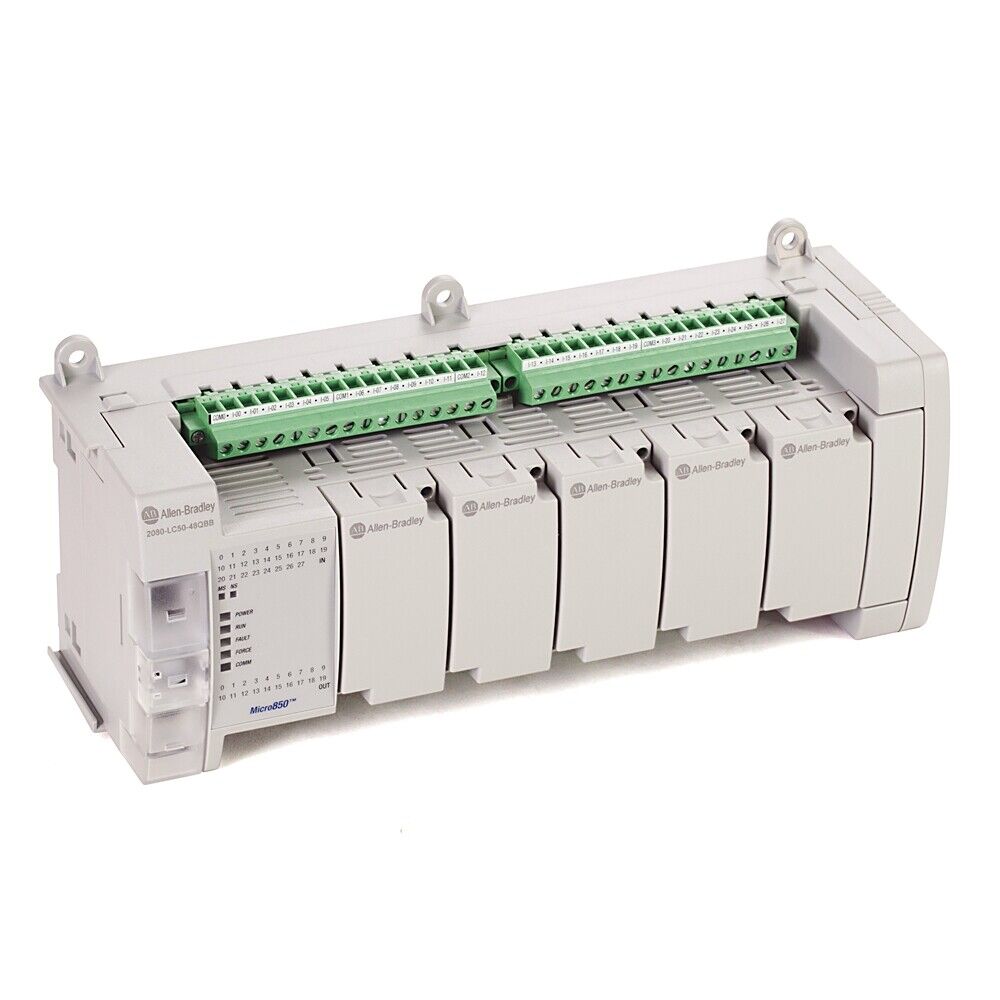Allen-Bradley 2080-LC50-48QBB Micro850 PLC, EtherNet/IP controller, new in box with green terminal blocks.