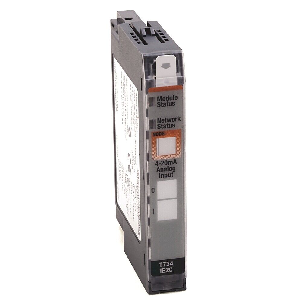 Allen-Bradley 1734-IE2C input module, 4-20mA, Module & Network Status, DIN rail mounting.