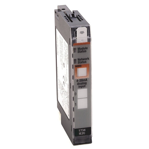 Allen-Bradley 1734-IE2C input module, 4-20mA, Module & Network Status, DIN rail mounting.