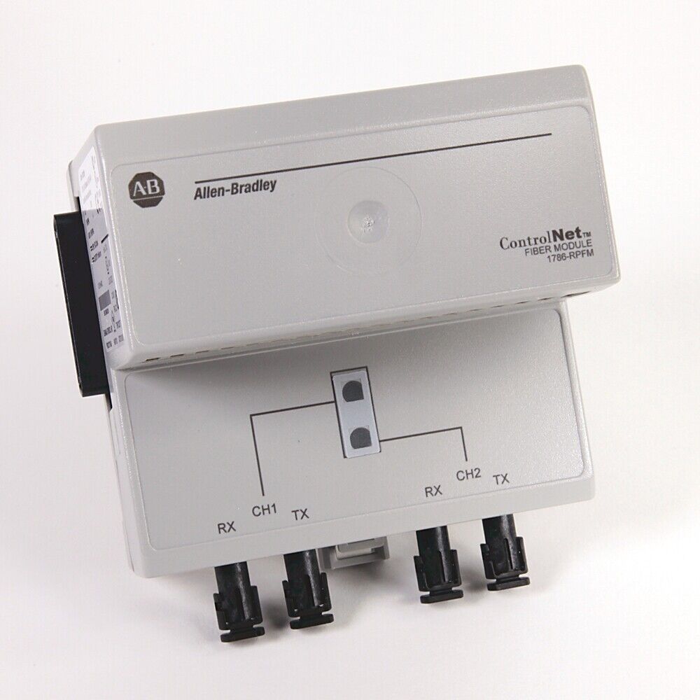 Allen-Bradley ControlNet Fiber Module 1786-RPFM. Industrial automation component with RX and TX ports.
