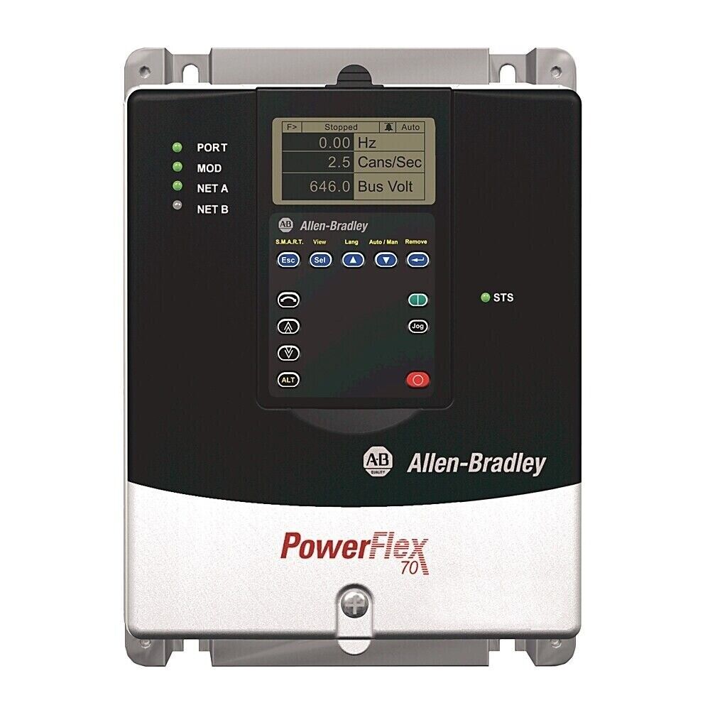 Allen-Bradley PowerFlex 70 VFD, 2.2kW 3HP, with display showing operational data.