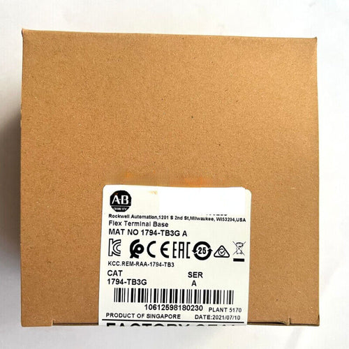 Allen-Bradley 1794-TB3G Flex Terminal Base Module box. Includes product details, and certification labels.