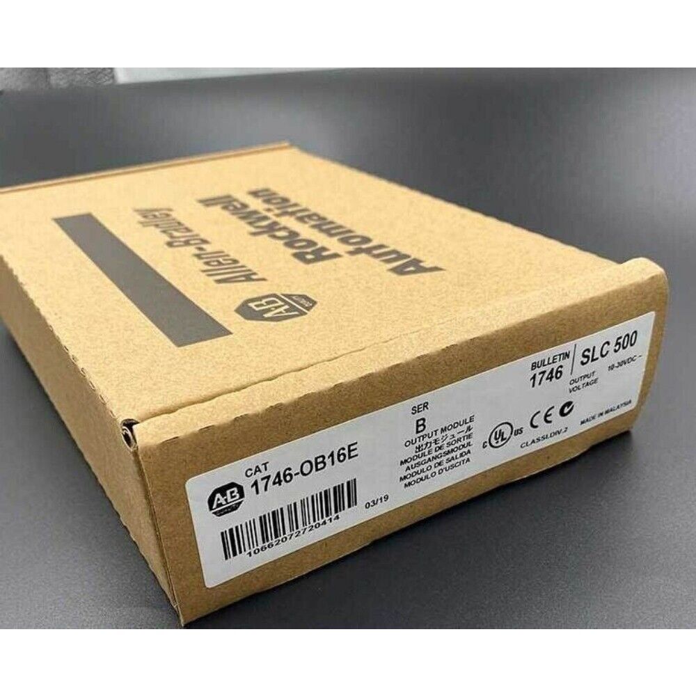 Allen-Bradley 1746-OB16E SLC 500 PLC Output Module in original packaging, industrial automation.