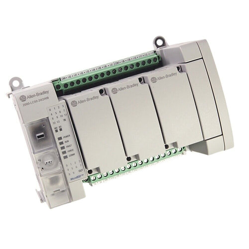 Allen-Bradley Micro850 2080-LC50-24QWB Compact Controller. Features integrated I/O, Ethernet port, and DIN rail mounting.