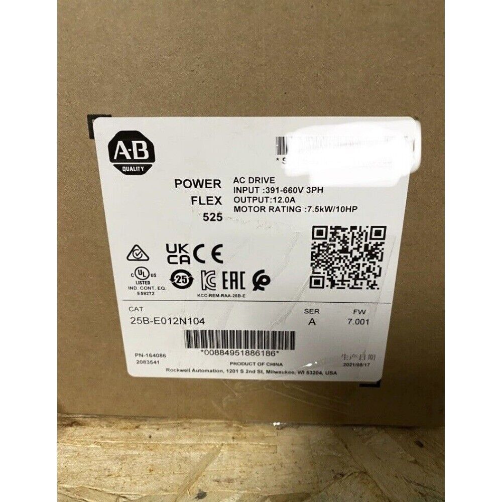 Allen-Bradley PowerFlex 525 AC Drive product label with specifications: AC Drive, 10HP, 25B-E012N104.