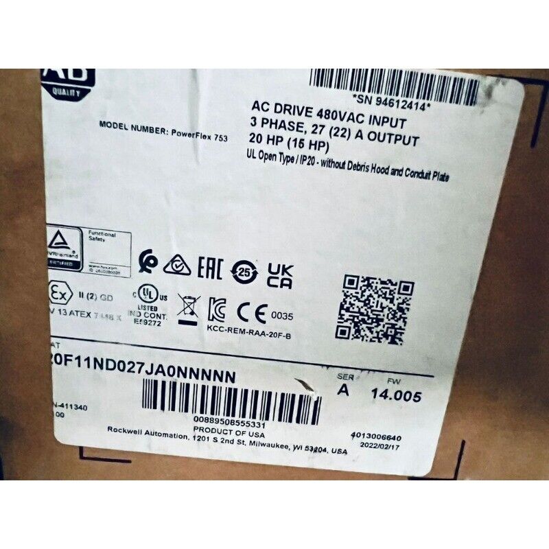 Allen-Bradley PowerFlex 753 AC Drive label, 20 HP, 480VAC input, industrial automation component.