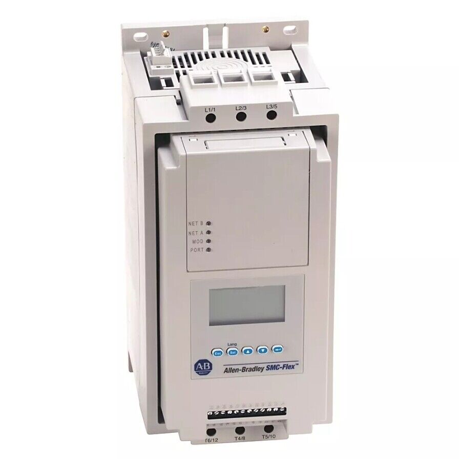 Allen-Bradley SMC-Flex PLC module, featuring a display, port indicators, and terminal connections.