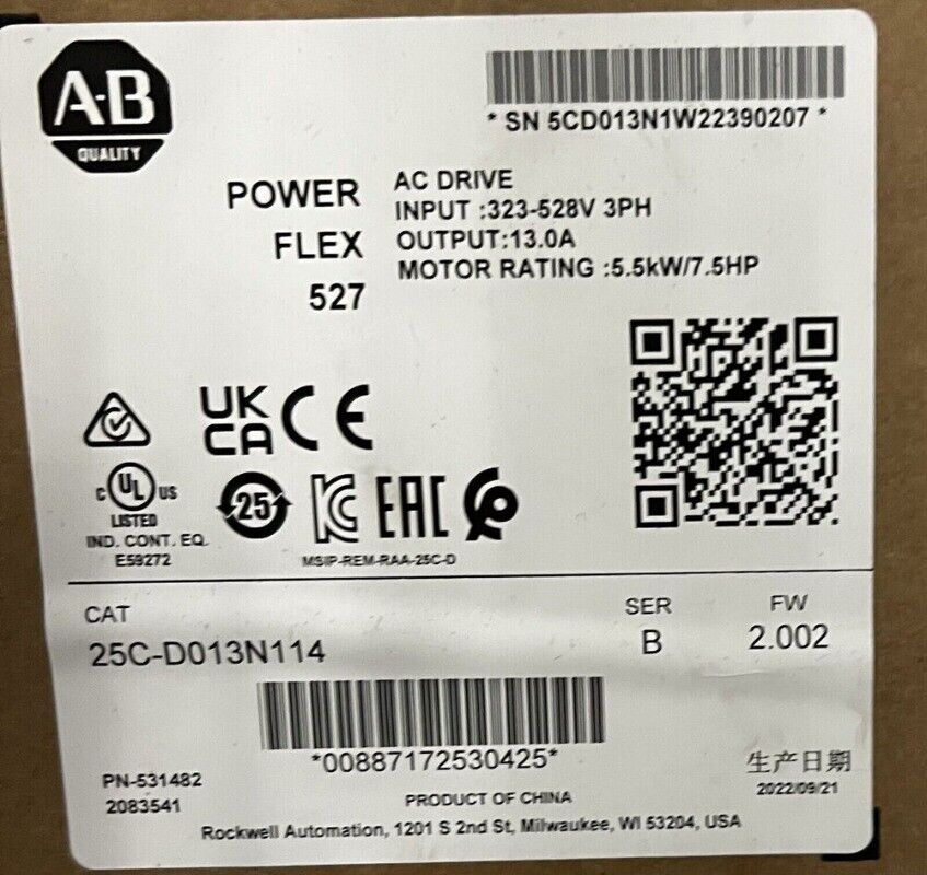 Allen-Bradley PowerFlex 527 AC Drive label with specifications, 7.5HP, 25C-D013N114.