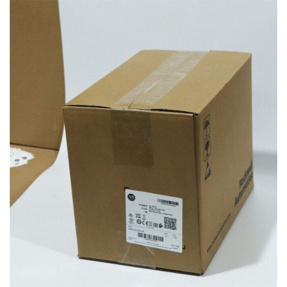 Allen-Bradley PowerFlex 40 AC drive in box, brown cardboard packaging, product label, industrial component.