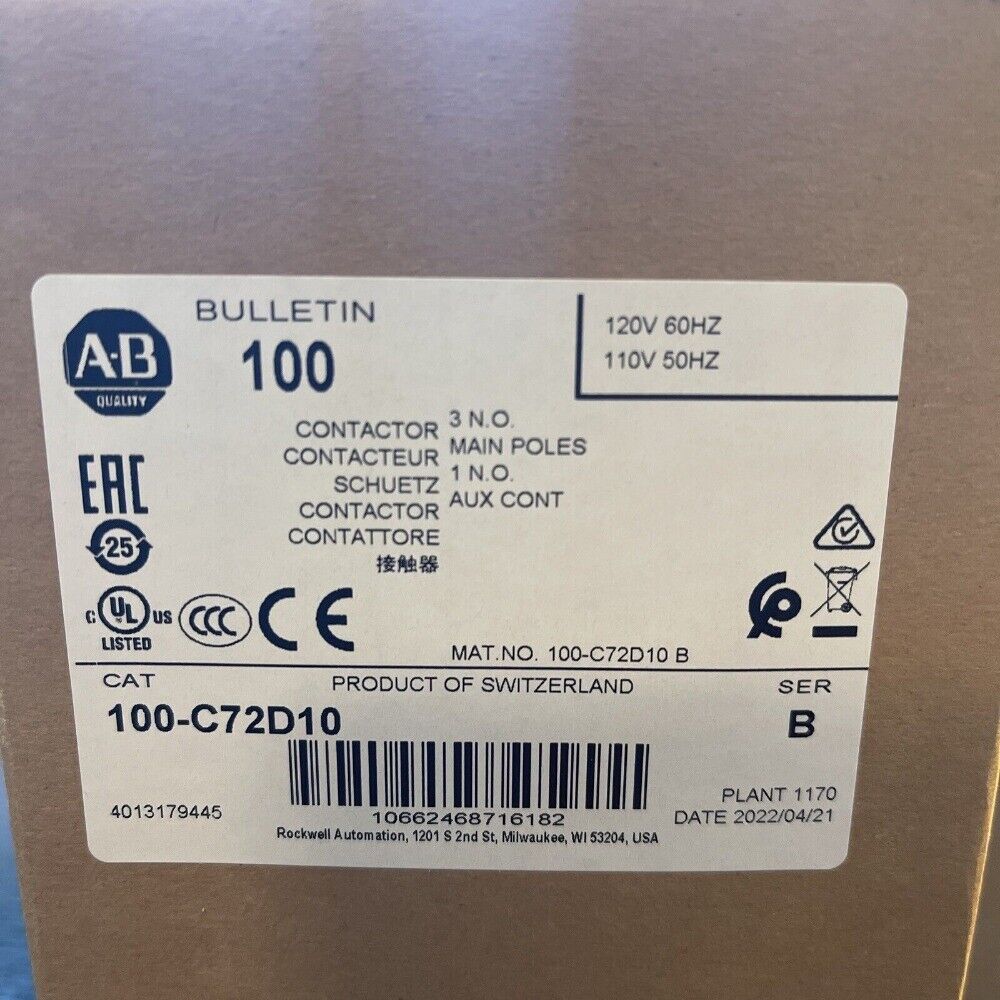 Allen-Bradley 100-C72D10 Contactor label, industrial automation part, 120V/60Hz