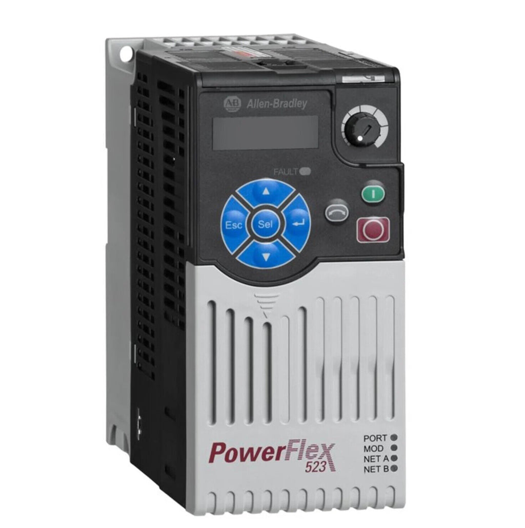 Allen-Bradley PowerFlex 523 AC Drive, industrial automation equipment, black and white, display and control buttons