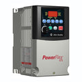 Allen-Bradley PowerFlex 40 AC drive with control panel and warning labels, industrial automation equipment.