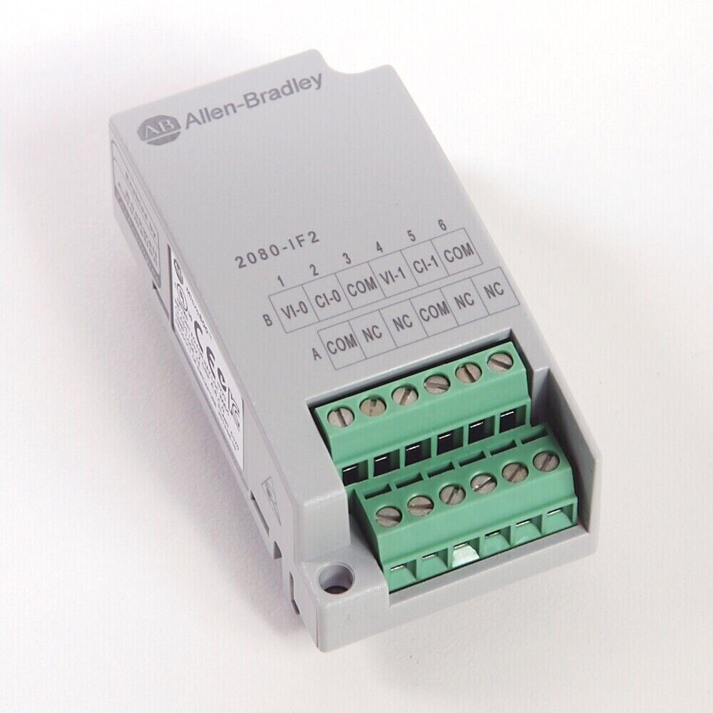 Allen-Bradley 2080-IF2 Micro800 2-channel analog input module, gray housing with green terminal blocks.