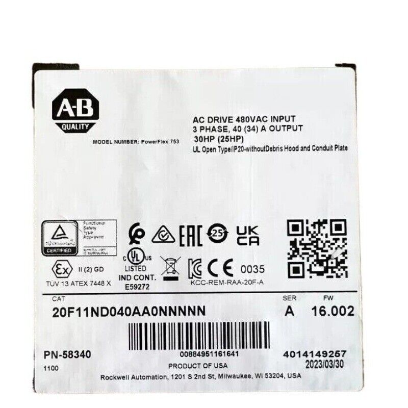 Allen-Bradley PowerFlex 753 AC Drive label, 480VAC Input, 40A Output, 30HP. Model 20F11ND040AA0NNNNN