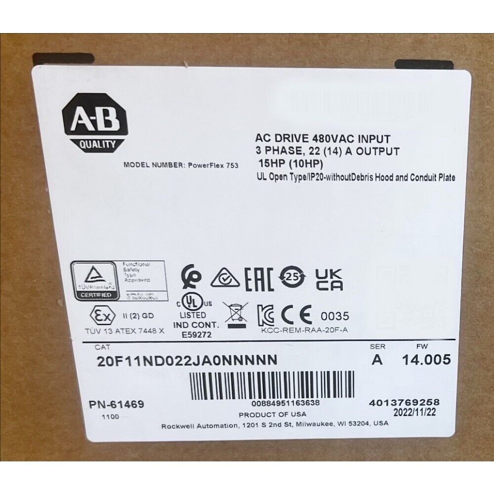 Allen-Bradley PowerFlex 753 AC Drive, 480VAC Input, 22A Output, 15HP, product code 20F11ND022JA0NNNNN