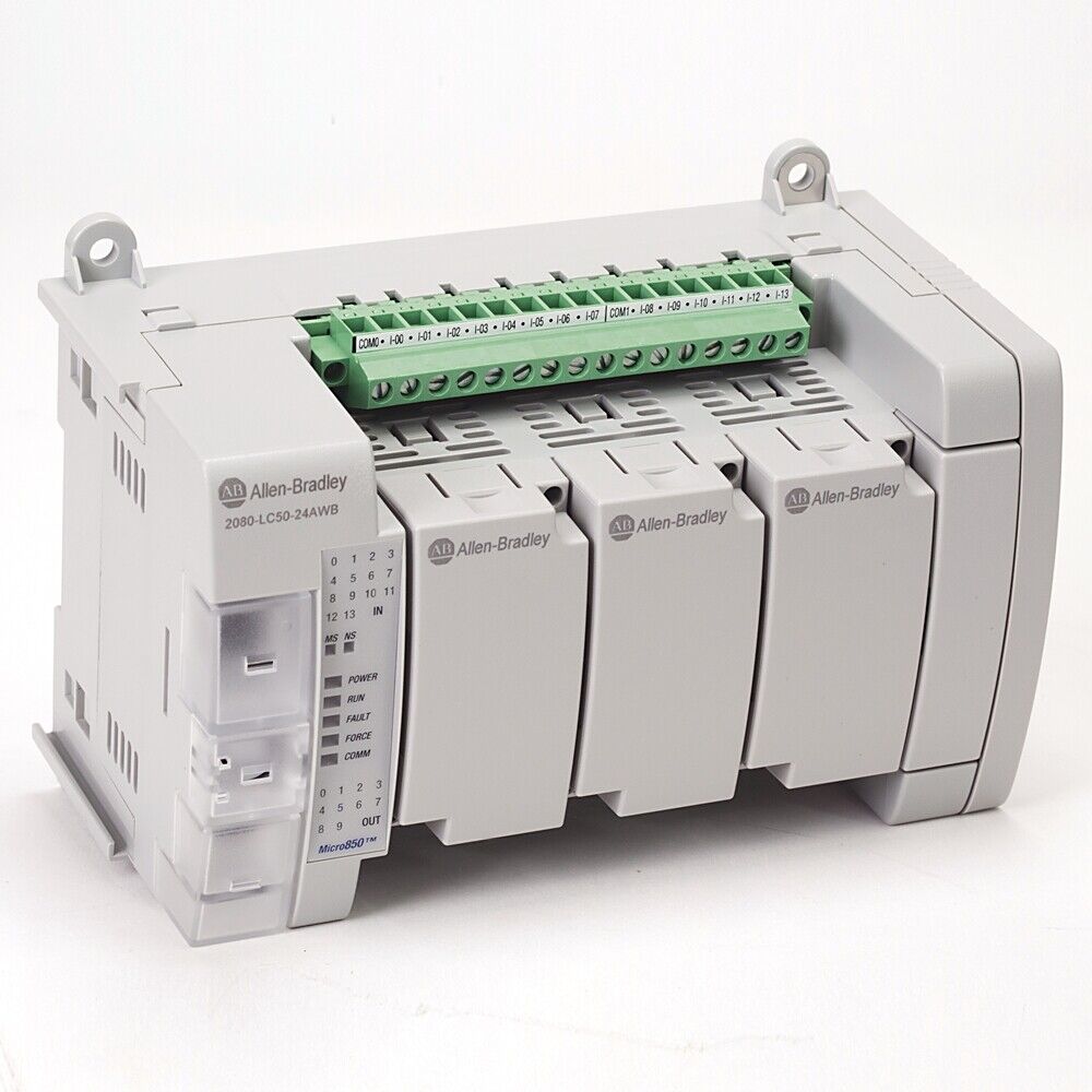 Allen-Bradley Micro850 2080-LC50-24AWB PLC controller, gray, Ethernet, industrial automation part.