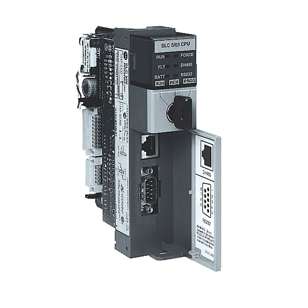 SLC 5/03 CPU Allen-Bradley 1747-L532 module. Shows DH485, RS232 ports and status indicators for industrial automation.