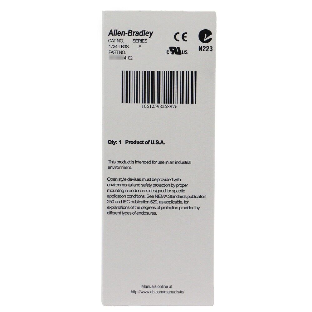 Allen-Bradley 1734-TB3S POINT I/O Module label. Includes product specifications, certifications and manufacturing details.