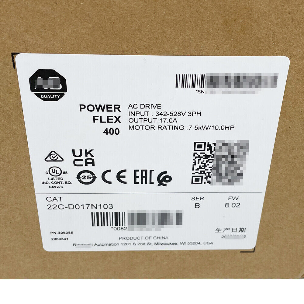 Allen-Bradley PowerFlex 400 AC Drive label with specs: 22C-D017N103, 342-528V input, 17.0A output, 7.5kW/10.0HP motor rating.