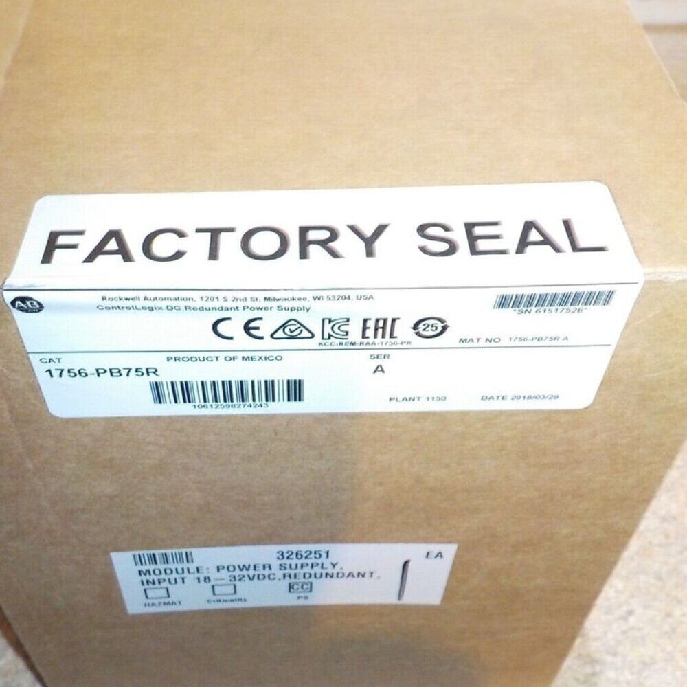 Allen-Bradley 1756-PB75R DC Redundant Power Supply, factory sealed, product of Mexico. Key specs visible.