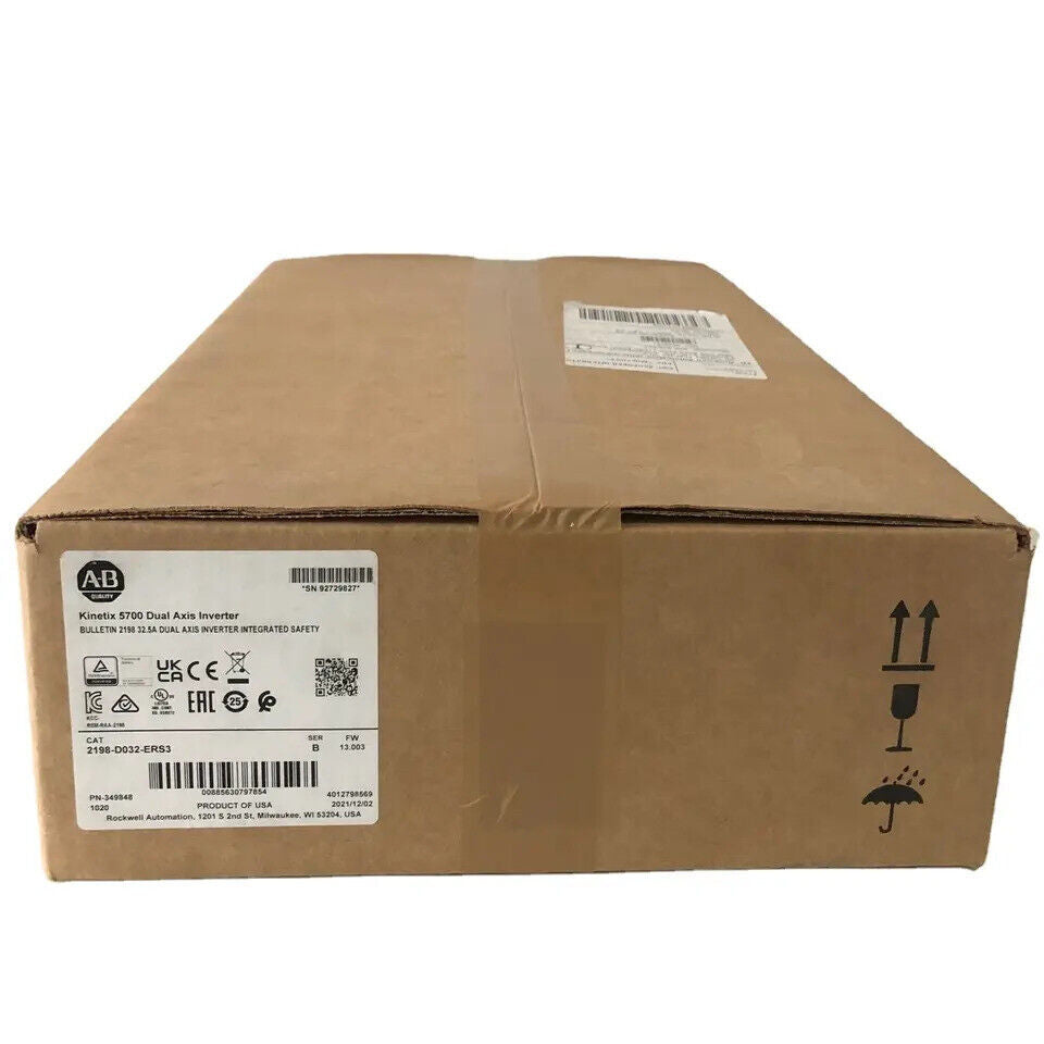 Allen-Bradley Kinetix 5700 Dual Axis Inverter in a brown cardboard box. Model 2198-D032-ERS3.