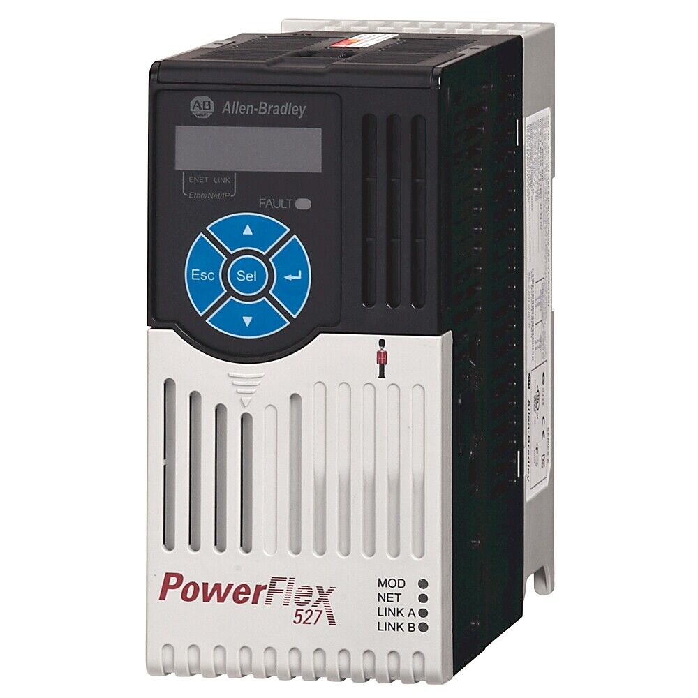 Allen-Bradley PowerFlex 527 PLC Inverter, black and white, with control panel and display