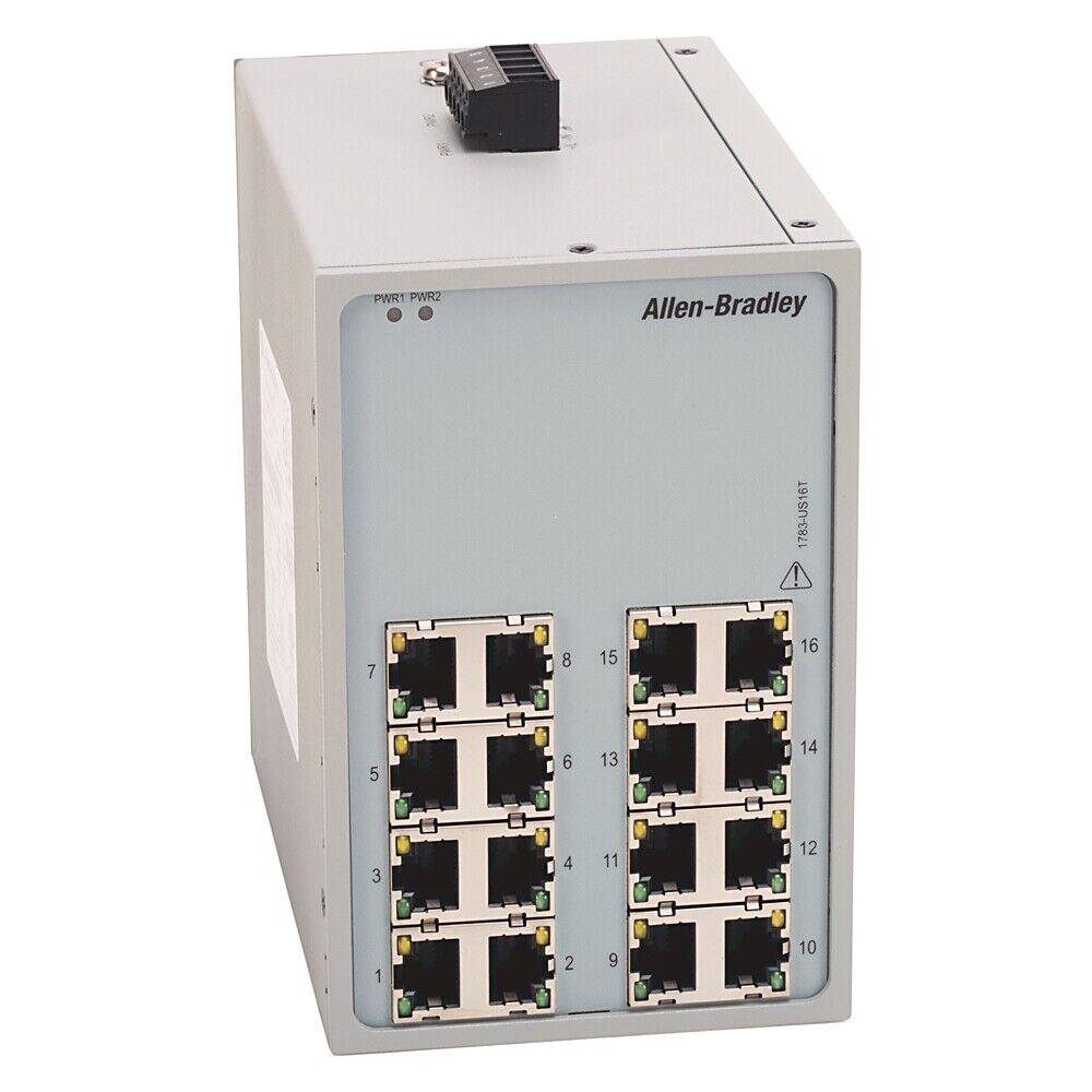 Allen-Bradley 1783-US16T industrial Ethernet switch with 16 RJ45 ports, industrial automation equipment.