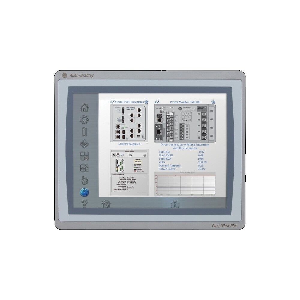 Allen-Bradley PanelView Plus HMI display, showing Stratix 8000 faceplates and power monitor data, industrial automation.