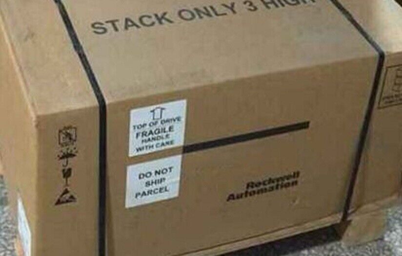 Allen-Bradley PowerFlex 753 AC Drive shipping box, with labels: Fragile, Handle with Care.