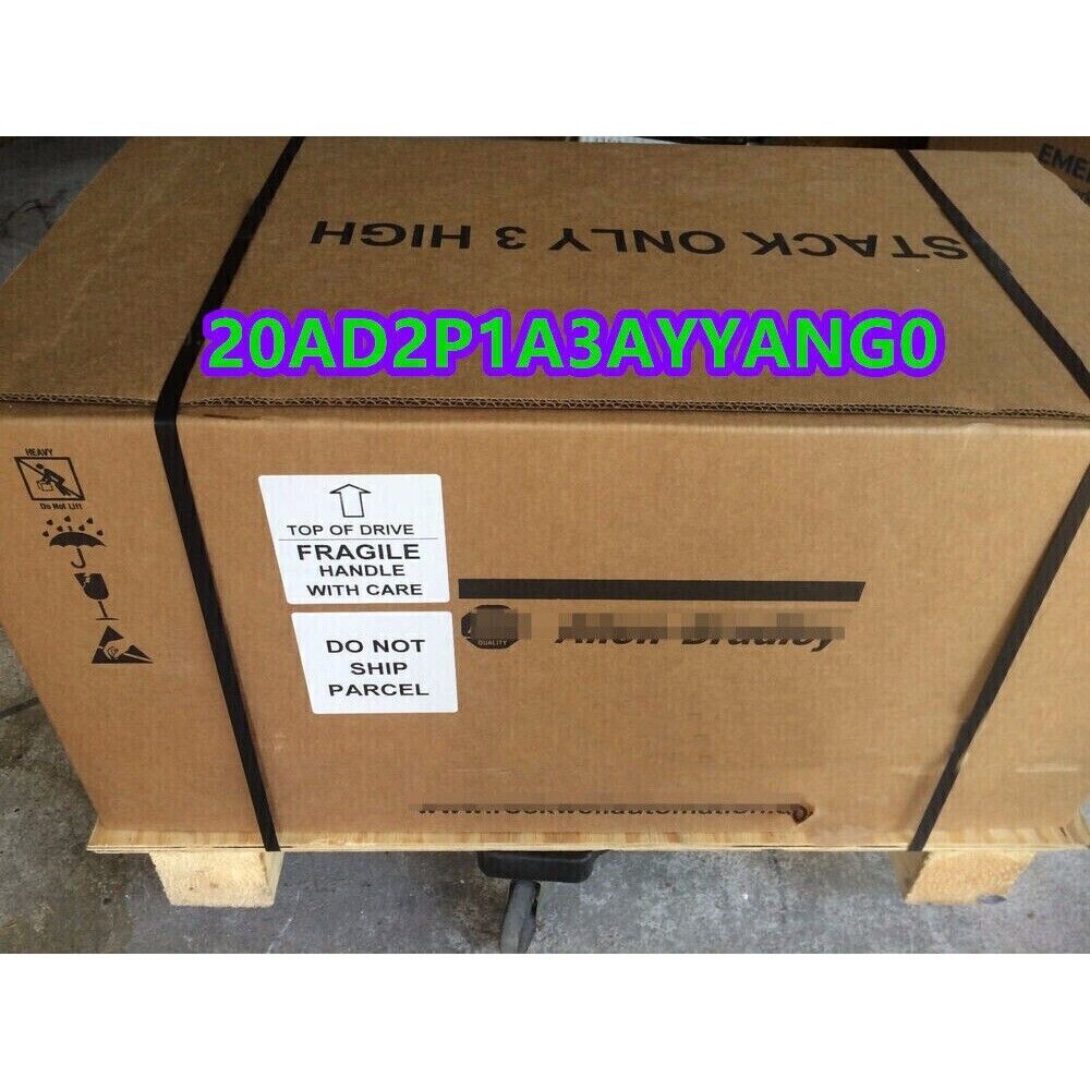 Allen-Bradley PowerFlex 70 AC Drive in shipping box, model 20AD2P1A3AYYANG0, fragile, handle with care.