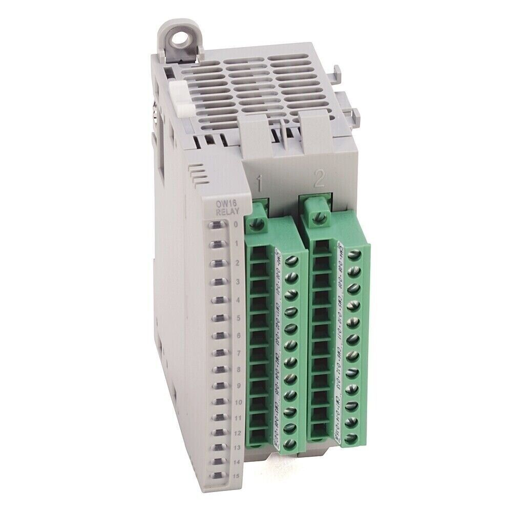 Allen-Bradley Micro800 2085-OW16 16 Point Relay Output Module. Gray and green industrial automation PLC module.